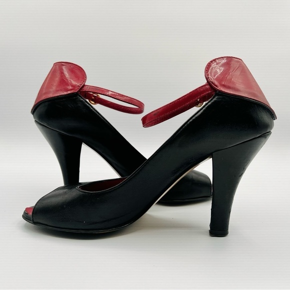 LOVE MOSCHINO PUMPS OPEN TOE LEATHER HEEL RED AND BLACK SHOE HEART SHAPE SIZE 38 - Picture 8 of 17